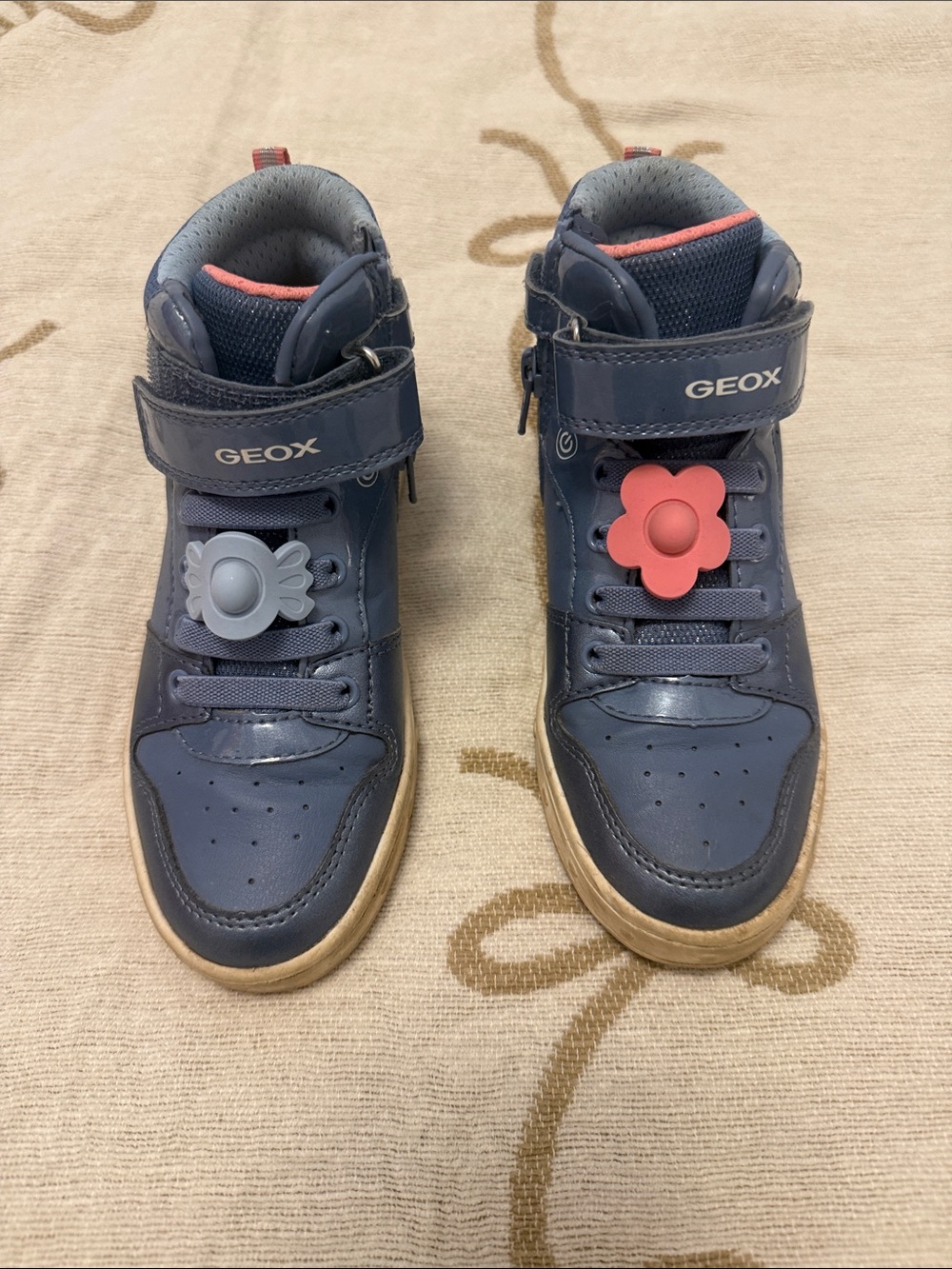 Geox Navy Kids High-Top Sneakers with Pink Flower Accent